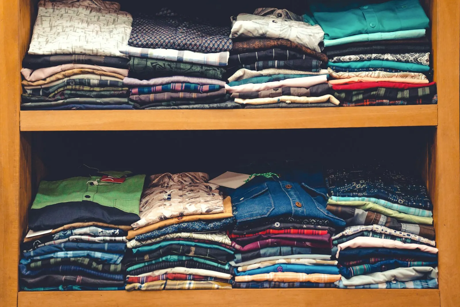 Poskládané oděvy a textil na regálech